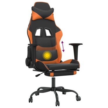 vidaXL Καρέκλα Gaming Μασάζ Υποπόδιο Μαύρο Πορτοκαλί Συνθετικό Δέρμα 66x56x(120,5-131)cm 1 τεμ.