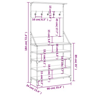 vidaXL Κρεμάστρα Ρούχων με Παπουτσοθήκη Γκρι Sonoma 90x34x184 εκ.