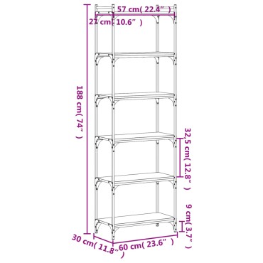 vidaXL Βιβλιοθήκη 6 Επιπέδων Γκρι Sonoma 60x30x188cm Επεξεργ. Ξύλο 1 τεμ.