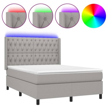 vidaXL Κρεβάτι Boxspring με Στρώμα & LED Αν.Γκρι 140x200εκ. Υφασμάτινο