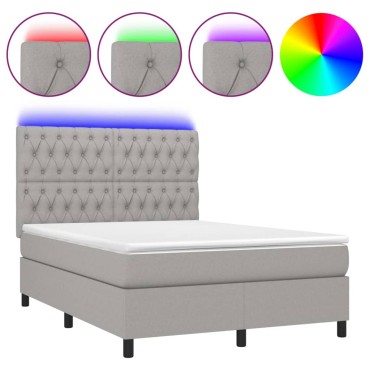 vidaXL Κρεβάτι Boxspring με Στρώμα & LED Αν.Γκρι 140x200εκ. Υφασμάτινο
