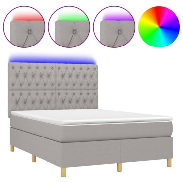 vidaXL Κρεβάτι Boxspring με Στρώμα & LED Αν.Γκρι 140x200εκ. Υφασμάτινο