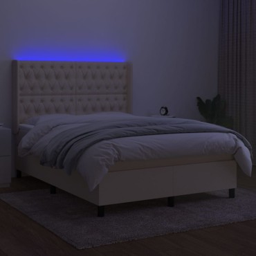 vidaXL Κρεβάτι Boxspring με Στρώμα & LED Κρεμ 140x190cm Υφασμάτινο 1 τεμ. - Μονό