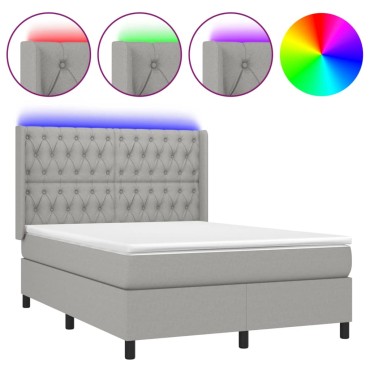 vidaXL Κρεβάτι Boxspring με Στρώμα & LED Αν.Γκρι 140x190εκ. Υφασμάτινο