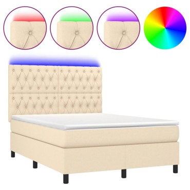 vidaXL Κρεβάτι Boxspring με Στρώμα & LED Κρεμ 140x190cm Υφασμάτινο 1 τεμ. - Μονό