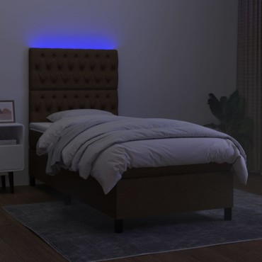 vidaXL Κρεβάτι Boxspring με Στρώμα & LED Σκ.Καφέ 90x200cm Υφασμάτινο 1 τεμ. - Μονό