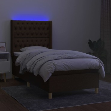 vidaXL Κρεβάτι Boxspring με Στρώμα & LED Σκ.Καφέ 90x200cm Υφασμάτινο 1 τεμ. - Μονό
