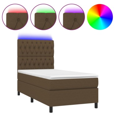 vidaXL Κρεβάτι Boxspring με Στρώμα & LED Σκ.Καφέ 90x190cm Υφασμάτινο 1 τεμ. - Μονό