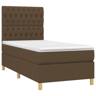 vidaXL Κρεβάτι Boxspring με Στρώμα & LED Σκ.Καφέ 90x200cm Υφασμάτινο 1 τεμ. - Μονό