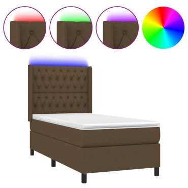 vidaXL Κρεβάτι Boxspring με Στρώμα & LED Σκ.Καφέ 90x190cm Υφασμάτινο 1 τεμ. - Μονό