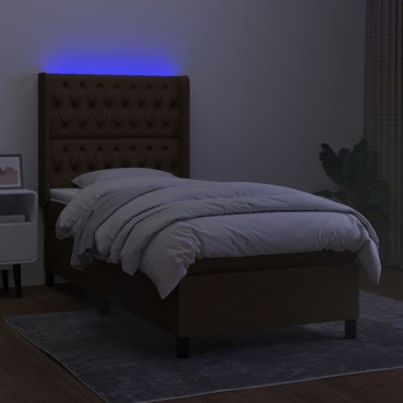 vidaXL Κρεβάτι Boxspring με Στρώμα & LED Σκ.Καφέ 90x190cm Υφασμάτινο 1 τεμ. - Μονό