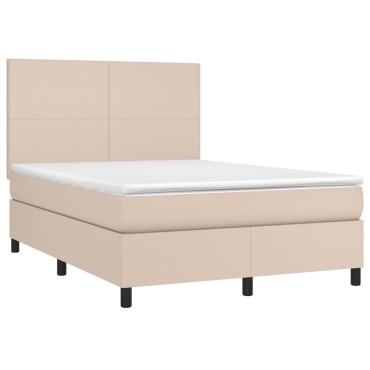 vidaXL Κρεβάτι Boxspring Στρώμα&LED Καπουτσίνο 140x200 εκ. Συνθ. Δέρμα