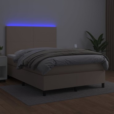 vidaXL Κρεβάτι Boxspring Στρώμα&LED Καπουτσίνο 140x200 εκ. Συνθ. Δέρμα