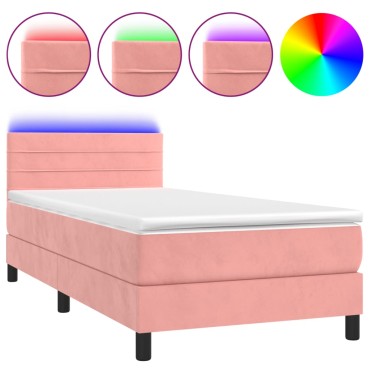 vidaXL Κρεβάτι Boxspring με Στρώμα & LED Ροζ 90x200 εκ. Βελούδινο