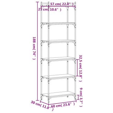 vidaXL Βιβλιοθήκη 6 Επιπέδων Καφέ Δρυς 60x30x188cm Επεξεργ. Ξύλο 1 τεμ.