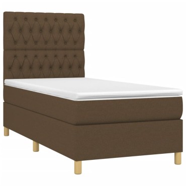 vidaXL Κρεβάτι Boxspring με Στρώμα & LED Σκ.Καφέ 100x200 εκ Υφασμάτινο