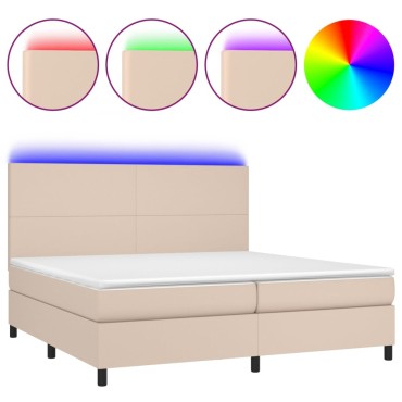 vidaXL Κρεβάτι Boxspring Στρώμα&LED Καπουτσίνο 200x200 εκ. Συνθ. Δέρμα