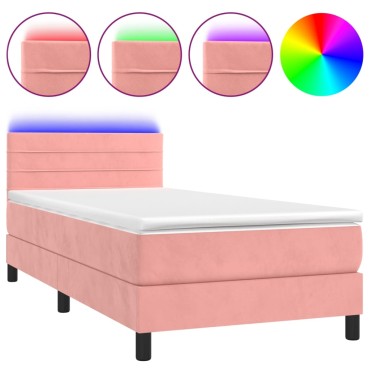 vidaXL Κρεβάτι Boxspring με Στρώμα & LED Ροζ 90x190 εκ. Βελούδινο