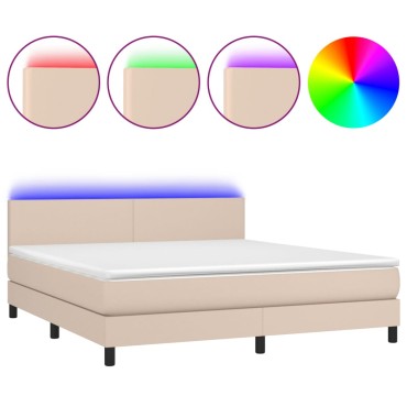 vidaXL Κρεβάτι Boxspring Στρώμα&LED Καπουτσίνο 180x200 εκ. Συνθ. Δέρμα