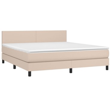 vidaXL Κρεβάτι Boxspring Στρώμα&LED Καπουτσίνο 180x200 εκ. Συνθ. Δέρμα