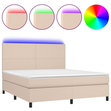 vidaXL Κρεβάτι Boxspring Στρώμα&LED Καπουτσίνο 180x200 εκ. Συνθ. Δέρμα