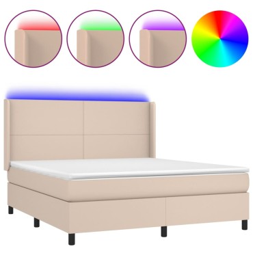vidaXL Κρεβάτι Boxspring Στρώμα&LED Καπουτσίνο 180x200 εκ. Συνθ. Δέρμα