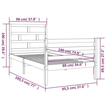 vidaXL Πλαίσιο Κρεβατιού Λευκό 90x190cm Μασίφ Ξύλο Single 1 τεμ. - Μονό