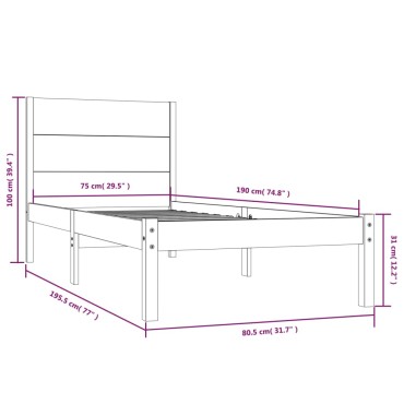 vidaXL Πλαίσιο Κρεβατιού Λευκό 75x190 εκ. Μασίφ Ξύλο Small Single