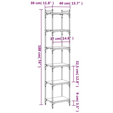 vidaXL Βιβλιοθήκη 6 Επιπέδων Γκρι Sonoma 40x30x188cm Επεξεργ. Ξύλο 1 τεμ.