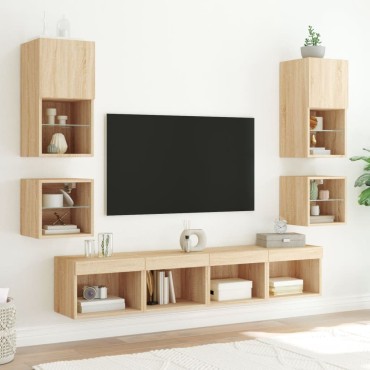 vidaXL Κομοδίνο Επιτοίχιο με Φώτα LED Sonoma Δρυς 40x30x30cm