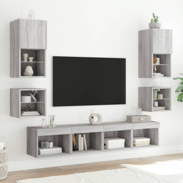 vidaXL Κομοδίνα Επιτοίχια με Φώτα LED 2 τεμ. Γκρι Sonoma 40x30x30cm