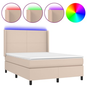 vidaXL Κρεβάτι Boxspring Στρώμα&LED Καπουτσίνο 140x190 εκ. Συνθ. Δέρμα
