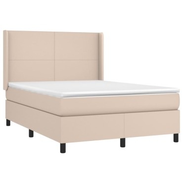 vidaXL Κρεβάτι Boxspring Στρώμα&LED Καπουτσίνο 140x190 εκ. Συνθ. Δέρμα