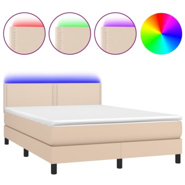 vidaXL Κρεβάτι Boxspring Στρώμα&LED Καπουτσίνο 140x190 εκ. Συνθ. Δέρμα
