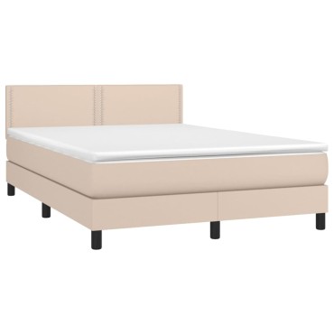 vidaXL Κρεβάτι Boxspring Στρώμα&LED Καπουτσίνο 140x190 εκ. Συνθ. Δέρμα