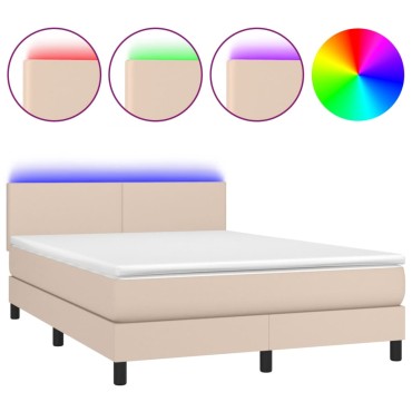 vidaXL Κρεβάτι Boxspring Στρώμα&LED Καπουτσίνο 140x190 εκ. Συνθ. Δέρμα
