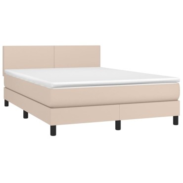 vidaXL Κρεβάτι Boxspring Στρώμα&LED Καπουτσίνο 140x190 εκ. Συνθ. Δέρμα