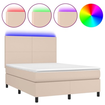 vidaXL Κρεβάτι Boxspring Στρώμα&LED Καπουτσίνο 140x190 εκ. Συνθ. Δέρμα