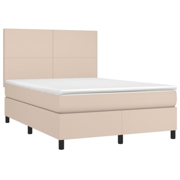 vidaXL Κρεβάτι Boxspring Στρώμα&LED Καπουτσίνο 140x190 εκ. Συνθ. Δέρμα