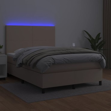 vidaXL Κρεβάτι Boxspring Στρώμα&LED Καπουτσίνο 140x190 εκ. Συνθ. Δέρμα