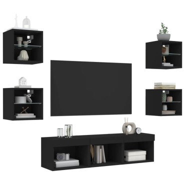 vidaXL Έπιπλα Τοίχου Τηλεόρασης 7 τεμ LED Μαύρα από Επεξεργασμένο Ξύλο