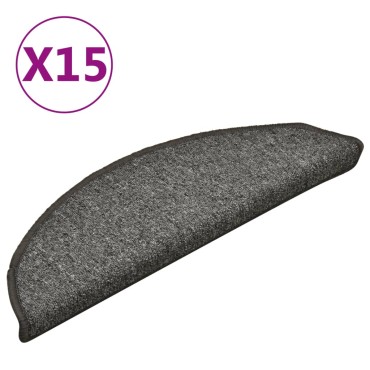 vidaXL Πατάκια Σκάλας Μοκέτα 15 τεμ. Σκούρο Γκρι 56 x 17 x 3 εκ.