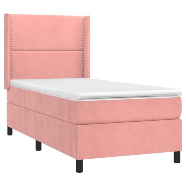 vidaXL Κρεβάτι Boxspring με Στρώμα & LED Ροζ 100x200 εκ. Βελούδινο