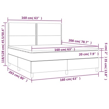 vidaXL Κρεβάτι Boxspring με Στρώμα & LED Αν.Γκρι 160x200 εκ. Βελούδινο