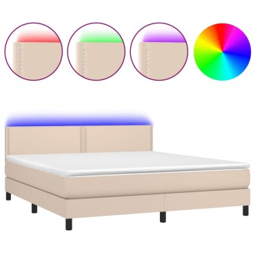 vidaXL Κρεβάτι Boxspring Στρώμα&LED Καπουτσίνο 180x200 εκ. Συνθ. Δέρμα