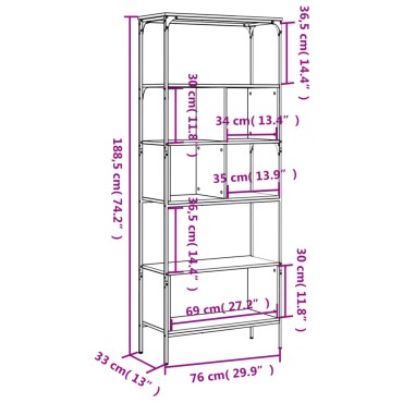 vidaXL Βιβλιοθήκη 5 Επιπέδων Γκρι Sonoma 76x33x188,5cm Επεξεργ. Ξύλο 1 τεμ.
