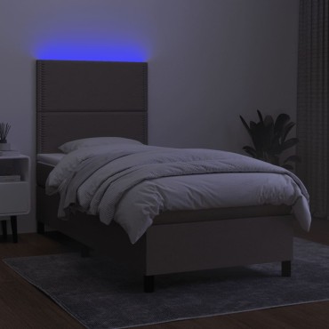 vidaXL Κρεβάτι Boxspring με Στρώμα & LED Taupe 90x190 εκ. Υφασμάτινο