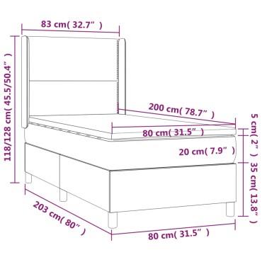 vidaXL Κρεβάτι Boxspring με Στρώμα & LED Σκ. Γκρι 80x200 εκ. Βελούδινο