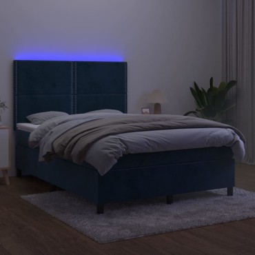 vidaXL Κρεβάτι Boxspring με Στρώμα & LED Σκ. Μπλε 140x190εκ. Βελούδινο