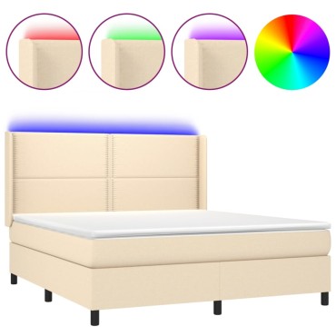vidaXL Κρεβάτι Boxspring με Στρώμα & LED Κρεμ 160x200cm Υφασμάτινο 1 τεμ. - Διπλό